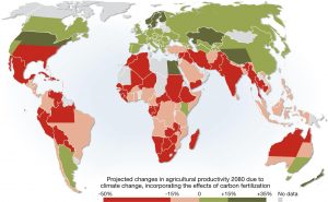 colored image of world map showing estimated changes in agriculture by 2080