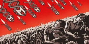 poster art of bombs falling on farm workers as sign of crimes against humanity.