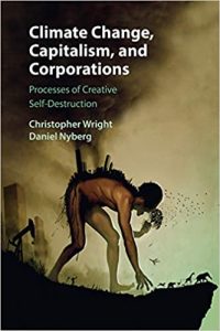 book cover image of man with it's polluting industries on it's back walking towards edge of a cliff following all lesser animals towards self destruction.