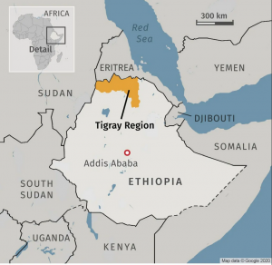 map of Ethiopia and Tigray with border countries, 2020 map from google