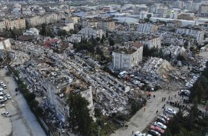 Arial photo of Turkey Earthquake on Feb 8, 2023 shows collaped apartment buildings