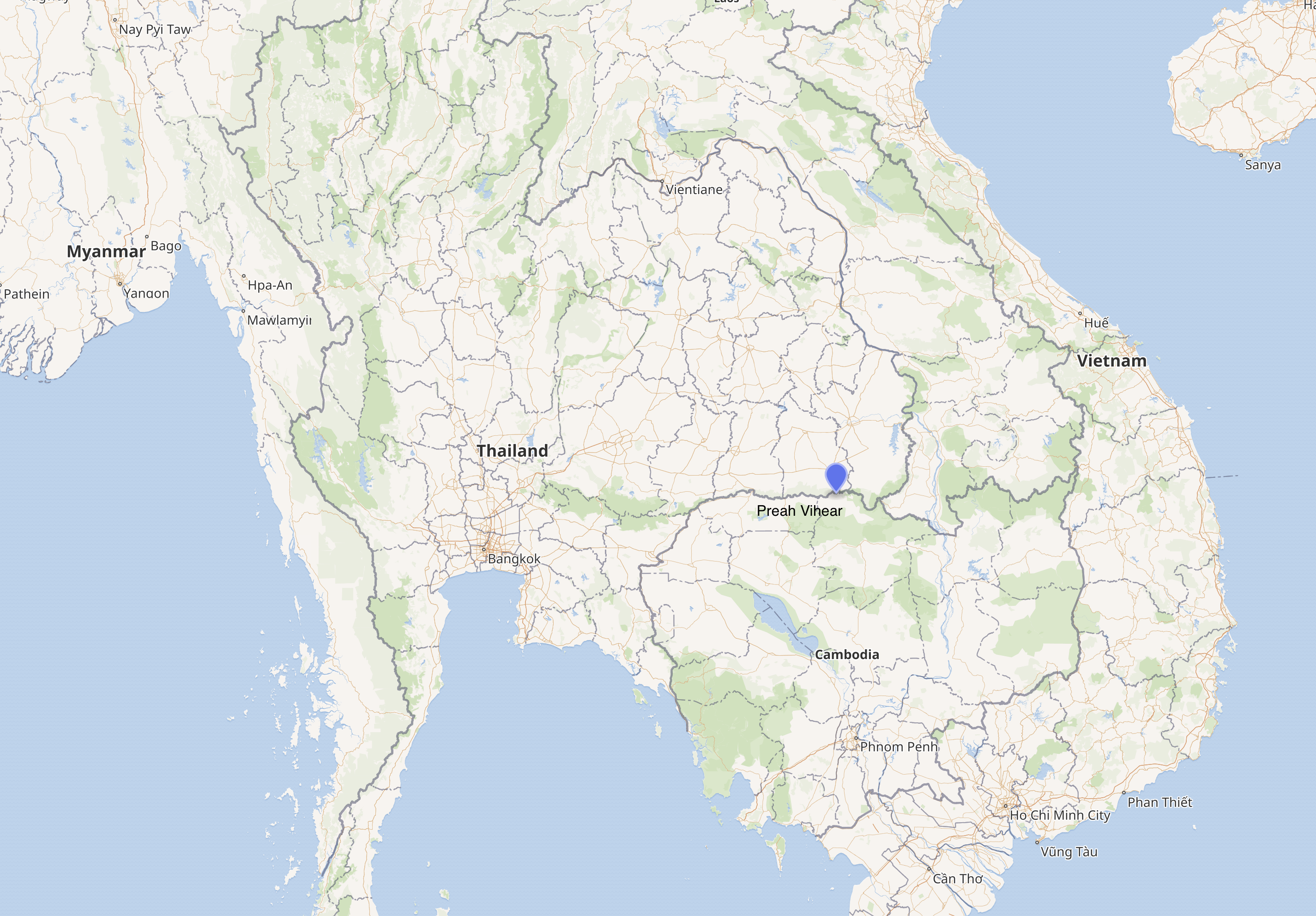 map of Thailand-Cambodia with marker on Preah Vihear Temple