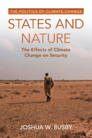 book cover showing dry landscape with one person walking through it. Book title is State and Nature, the effects of climate change on security.