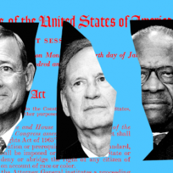 shows shredded act of congress in 1965 for Voting Rights Act with masks of 3 Supreme court justices that gutted its enforcement.