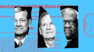 shows shredded act of congress in 1965 for Voting Rights Act with masks of 3 Supreme court justices that gutted its enforcement.